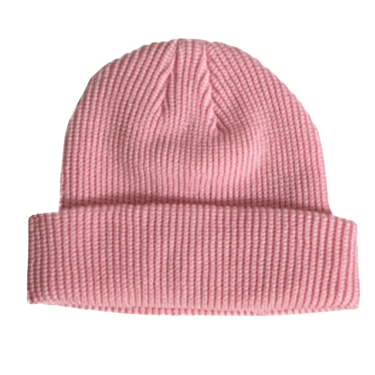 Pink knit beanie on a white background