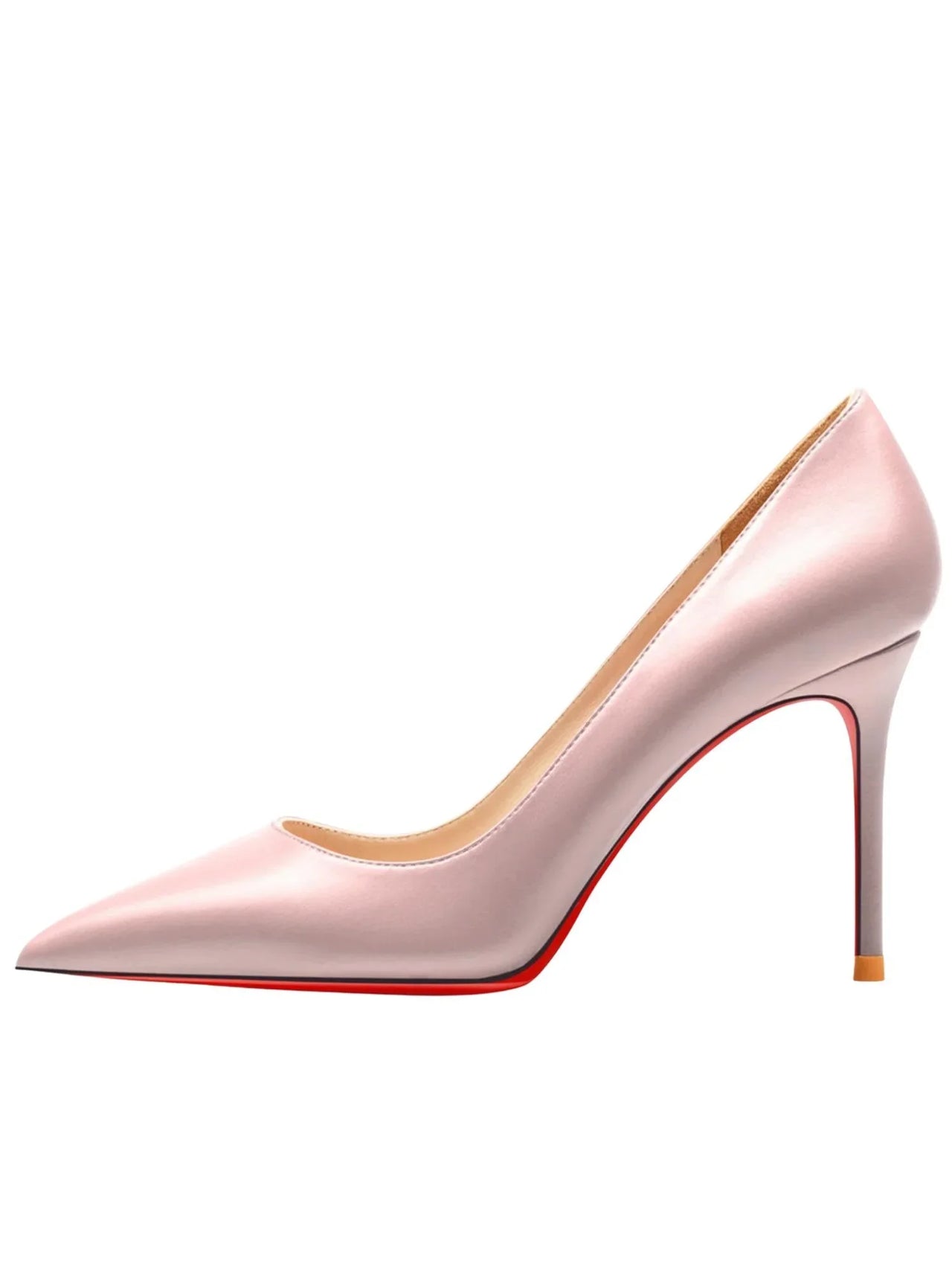 Luxury pink high-heeled shoe with a red sole on a white background