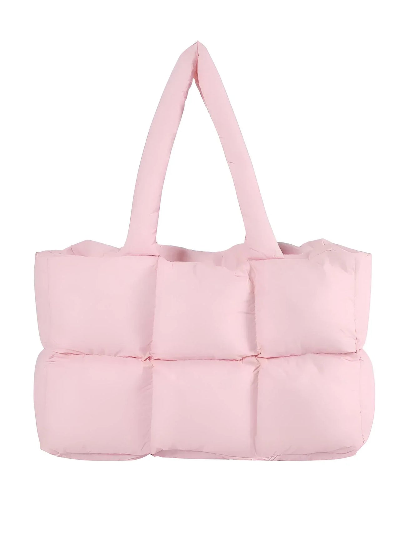 Pink quilted tote bag on a white background