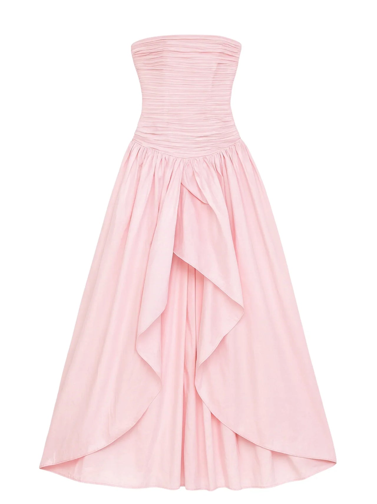 Pink floral strapless long bubble dress with a high slit on a white background