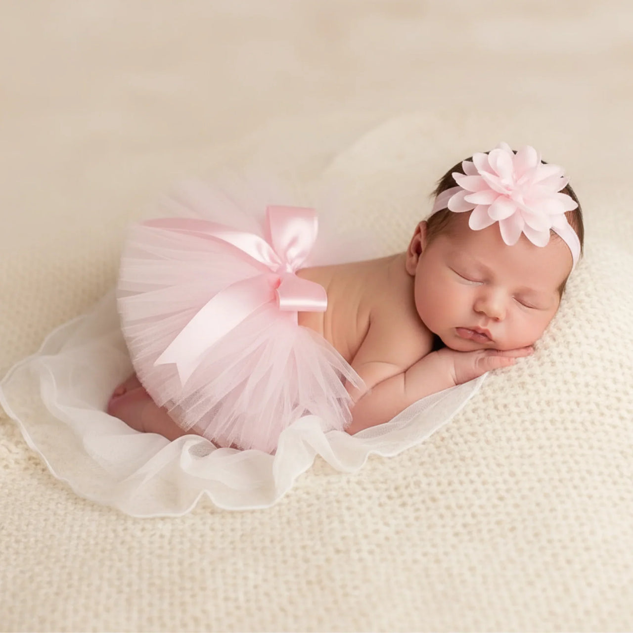 Newborn baby in a pink tutu and headband on a beige blanket