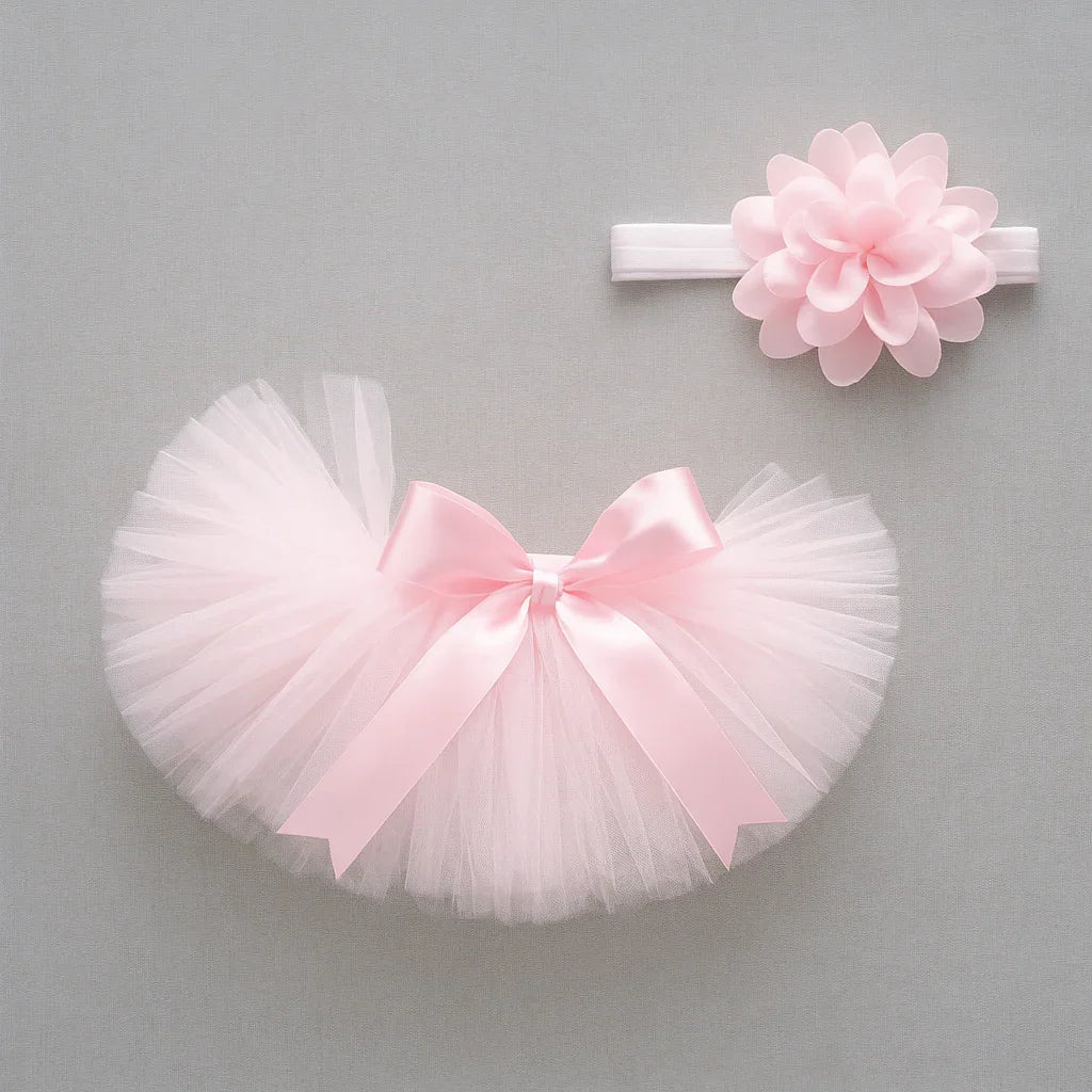 Pink tutu skirt with a matching headband on a gray background