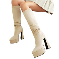 Thumbnail for Women's Long Pointed Toe Midi Boots Thick High Heels Platform Pleated Gogo Boots Ladies Winter Fashion, Boots, Heels, High Heels, Platform Boots, United States, United Kingdom, Australia, 4, 5, 6, 6.5, 7.5, 8.5, 9, 9.5, 10, 10.5, Black, Beige, Grey, Yellow Brown, shopdrestiny.com