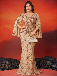 Thumbnail for Woman in a plus size formal dress posing against an orange and red gradient background