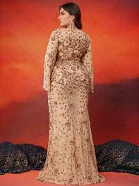 Thumbnail for Woman in a plus size formal dress posing against an orange and red gradient background