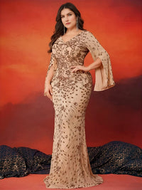 Thumbnail for Woman in a plus size formal dress posing against an orange and red gradient background