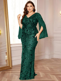Thumbnail for Plus size woman wearing a green sequin dress in an elegant room.