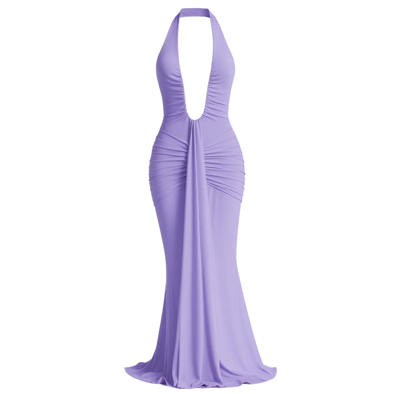 Lavender halter neck gown on a white background
