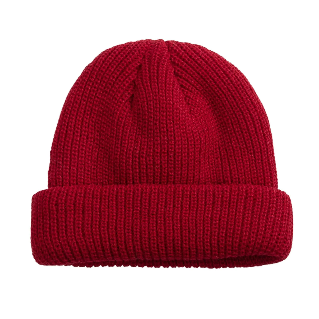 Red knit beanie on a white background