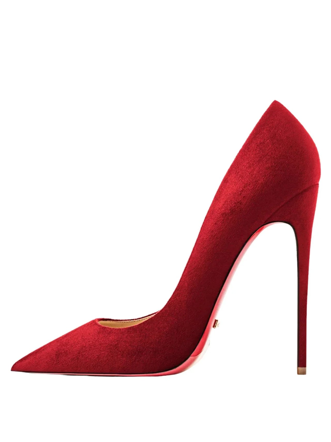 Red high-heeled shoe with a red sole on a white background