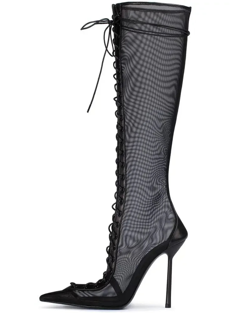 Women's Lace-Up Stiletto Boot Collection Side Zipper Slimming High Heels Sexy Knee Length Women's Boots, Drestiny, Ankle Boots, Knee-High Boots, Heels, High Heels, Stilettos, United States, USA, Canada, Australia, New Zealand, United Kingdom, UK, 6.5, 7.5, 8.5, 9, 9.5, 10, 10.5, 12, Black, Leopard Print, Brown, Cowboy Denim Blue, Cherry Red, Lipstick Red, Dark Brown, Red, women's lace-up stiletto boots, high heel lace-up boots, black lace-up stilettos, sexy ankle boots with laces, shopdrestiny.com