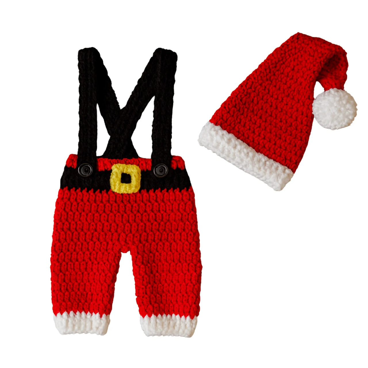 Knitted Santa outfit with red pants, black suspenders, yellow buckle, and red hat on a white background