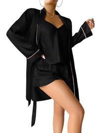 Thumbnail for Satin Pajama Set Long Sleeve Belted Robe + Cami Top And Shorts Women's Sleepwear, Drestiny, Robes, Camisoles, Tank Tops, Shorts, Sets, Short Sets, Pajamas, Loungewear, S, M, L, XL, United States, USA, Canada, Australia, New Zealand, United Kingdom, UK, Red, Black, Pink, Navy, Grey, White, Champagne, Satin Pajama Set for Women, Satin Pyjamas Set, Satin Pajama Set UK, Long Sleeves, Sleeveless, shopdrestiny.com