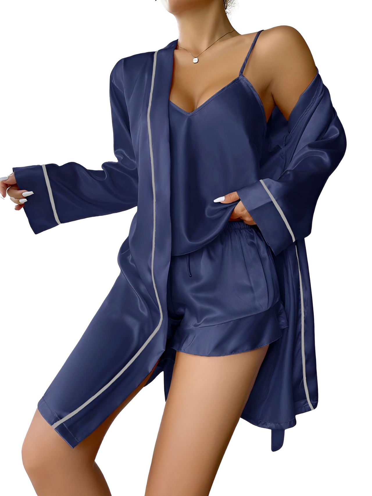 Satin Pajama Set Long Sleeve Belted Robe + Cami Top And Shorts Women's Sleepwear, Drestiny, Robes, Camisoles, Tank Tops, Shorts, Sets, Short Sets, Pajamas, Loungewear, S, M, L, XL, United States, USA, Canada, Australia, New Zealand, United Kingdom, UK, Red, Black, Pink, Navy, Grey, White, Champagne, Satin Pajama Set for Women, Satin Pyjamas Set, Satin Pajama Set UK, Long Sleeves, Sleeveless, shopdrestiny.com
