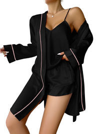 Thumbnail for Satin Pajama Set Long Sleeve Belted Robe + Cami Top And Shorts Women's Sleepwear, Drestiny, Robes, Camisoles, Tank Tops, Shorts, Sets, Short Sets, Pajamas, Loungewear, S, M, L, XL, United States, USA, Canada, Australia, New Zealand, United Kingdom, UK, Red, Black, Pink, Navy, Grey, White, Champagne, Satin Pajama Set for Women, Satin Pyjamas Set, Satin Pajama Set UK, Long Sleeves, Sleeveless, shopdrestiny.com