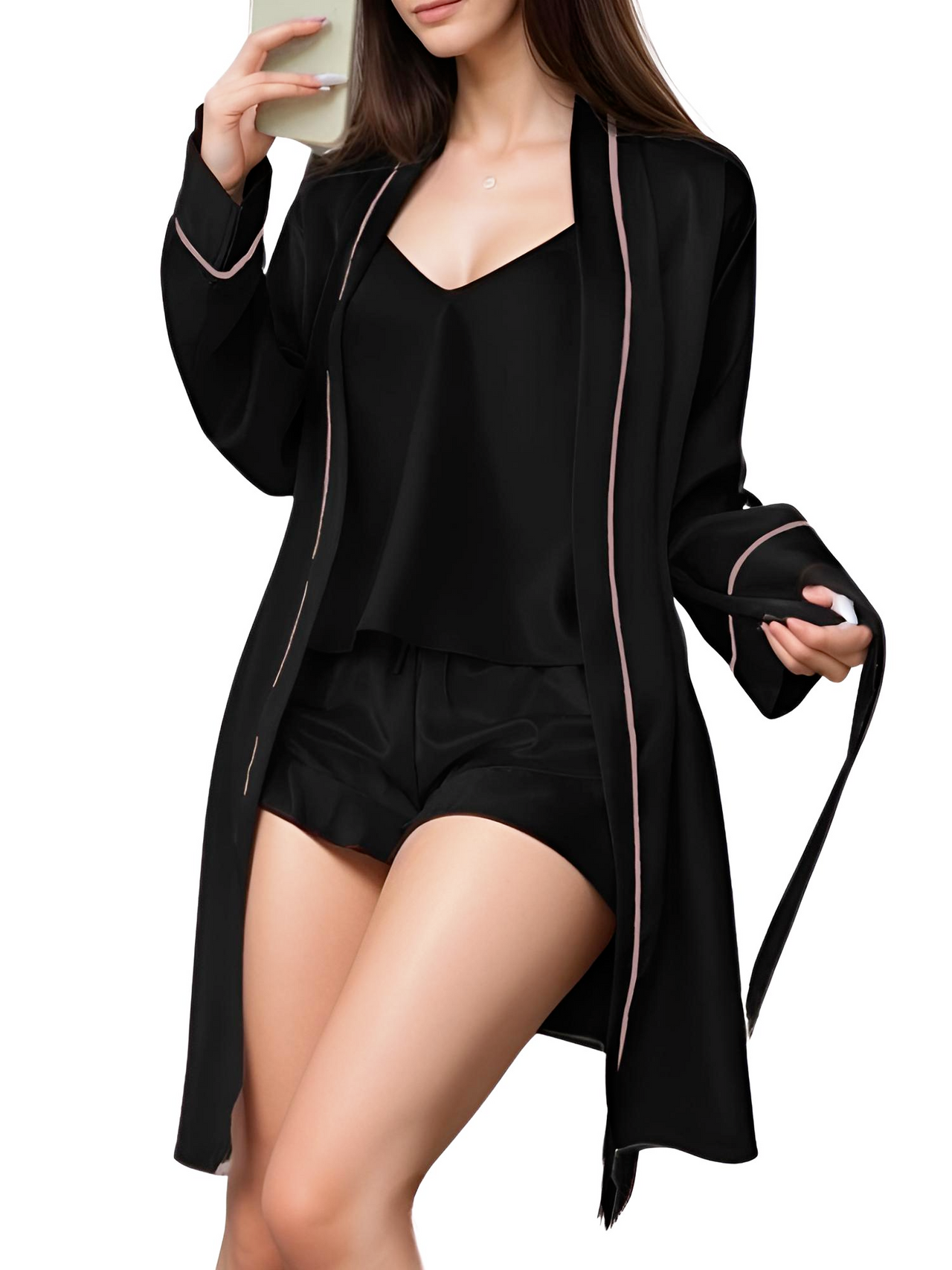 Satin Pajama Set Long Sleeve Belted Robe + Cami Top And Shorts Women's Sleepwear, Drestiny, Robes, Camisoles, Tank Tops, Shorts, Sets, Short Sets, Pajamas, Loungewear, S, M, L, XL, United States, USA, Canada, Australia, New Zealand, United Kingdom, UK, Red, Black, Pink, Navy, Grey, White, Champagne, Satin Pajama Set for Women, Satin Pyjamas Set, Satin Pajama Set UK, Long Sleeves, Sleeveless, shopdrestiny.com