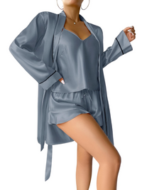 Thumbnail for Satin Pajama Set Long Sleeve Belted Robe + Cami Top And Shorts Women's Sleepwear, Drestiny, Robes, Camisoles, Tank Tops, Shorts, Sets, Short Sets, Pajamas, Loungewear, S, M, L, XL, United States, USA, Canada, Australia, New Zealand, United Kingdom, UK, Red, Black, Pink, Navy, Grey, White, Champagne, Satin Pajama Set for Women, Satin Pyjamas Set, Satin Pajama Set UK, Long Sleeves, Sleeveless, shopdrestiny.com