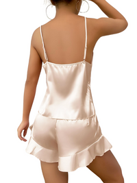 Thumbnail for Satin Pajama Set Long Sleeve Belted Robe + Cami Top And Shorts Women's Sleepwear, Drestiny, Robes, Camisoles, Tank Tops, Shorts, Sets, Short Sets, Pajamas, Loungewear, S, M, L, XL, United States, USA, Canada, Australia, New Zealand, United Kingdom, UK, Red, Black, Pink, Navy, Grey, White, Champagne, Satin Pajama Set for Women, Satin Pyjamas Set, Satin Pajama Set UK, Long Sleeves, Sleeveless, shopdrestiny.com