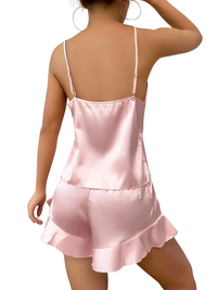 Thumbnail for Satin Pajama Set Long Sleeve Belted Robe + Cami Top And Shorts Women's Sleepwear, Drestiny, Robes, Camisoles, Tank Tops, Shorts, Sets, Short Sets, Pajamas, Loungewear, S, M, L, XL, United States, USA, Canada, Australia, New Zealand, United Kingdom, UK, Red, Black, Pink, Navy, Grey, White, Champagne, Satin Pajama Set for Women, Satin Pyjamas Set, Satin Pajama Set UK, Long Sleeves, Sleeveless, shopdrestiny.com