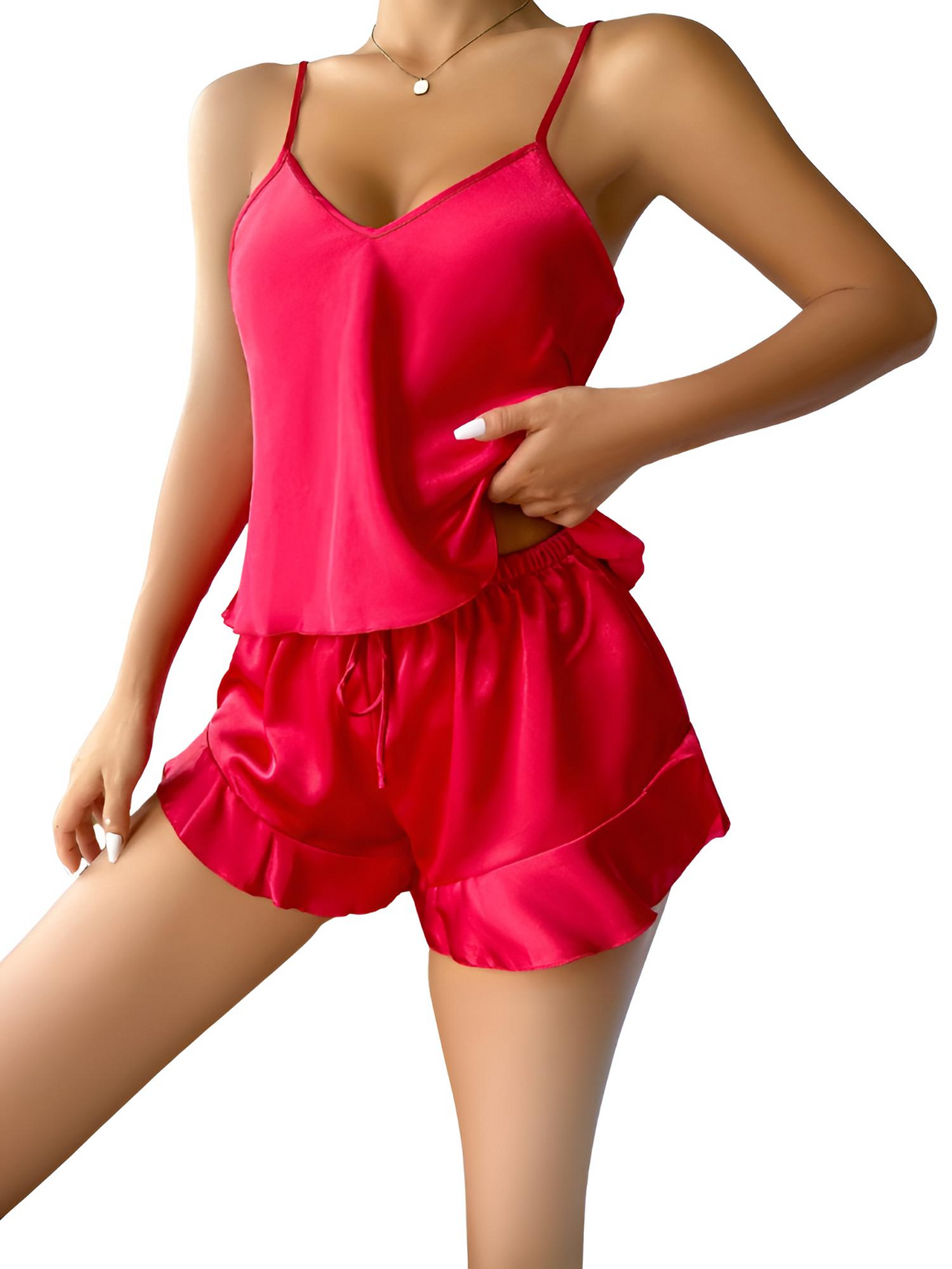Satin Pajama Set Long Sleeve Belted Robe + Cami Top And Shorts Women's Sleepwear, Drestiny, Robes, Camisoles, Tank Tops, Shorts, Sets, Short Sets, Pajamas, Loungewear, S, M, L, XL, United States, USA, Canada, Australia, New Zealand, United Kingdom, UK, Red, Black, Pink, Navy, Grey, White, Champagne, Satin Pajama Set for Women, Satin Pyjamas Set, Satin Pajama Set UK, Long Sleeves, Sleeveless, shopdrestiny.com