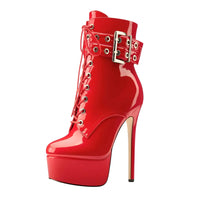 Thumbnail for Red high-heeled platform boot with a gold buckle on a white background
