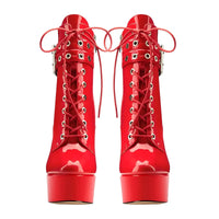 Thumbnail for Shiny red platform boots with laces on a white background