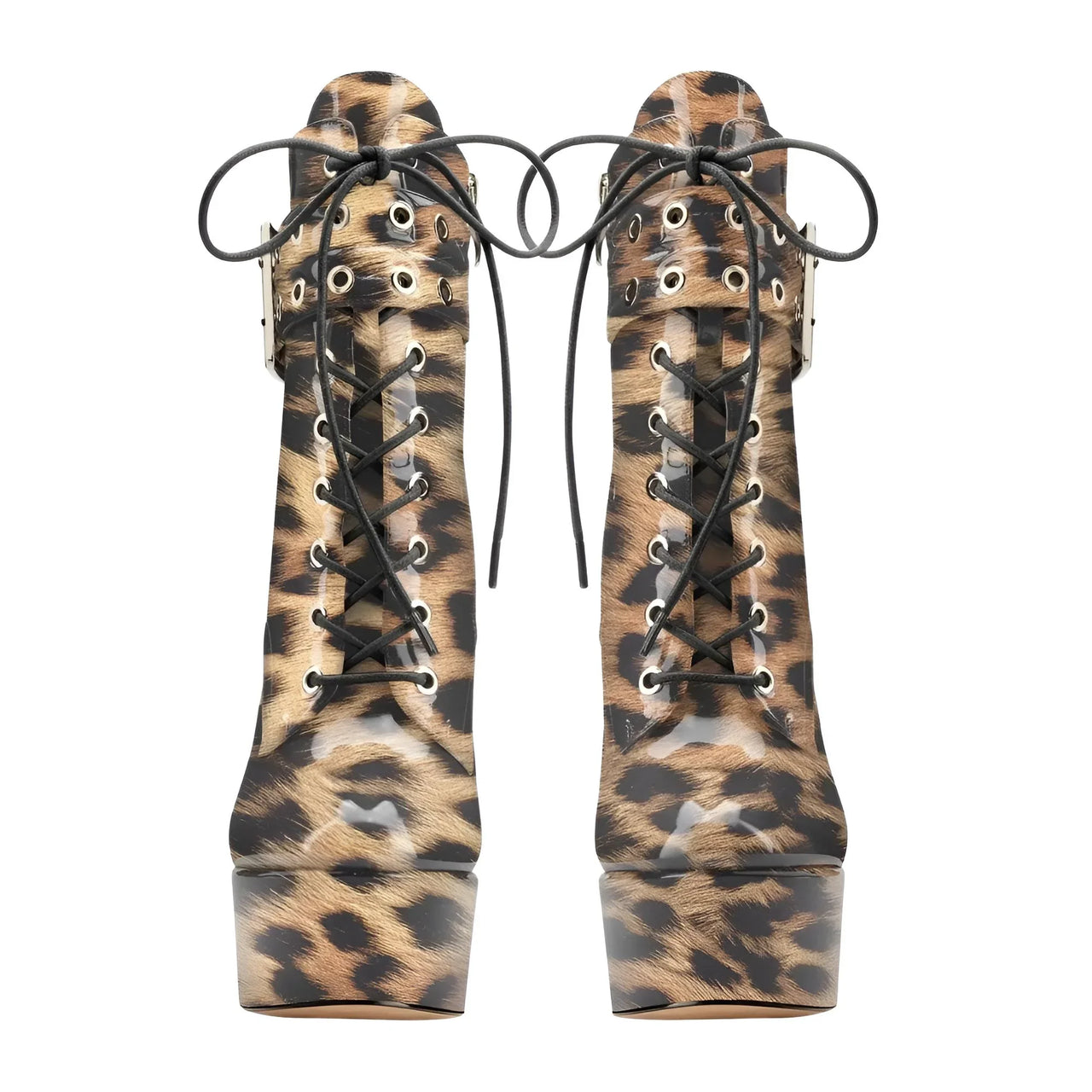 Leopard print high-heeled boots with black laces on a white background