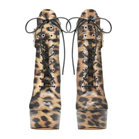 Thumbnail for Leopard print high-heeled boots with black laces on a white background