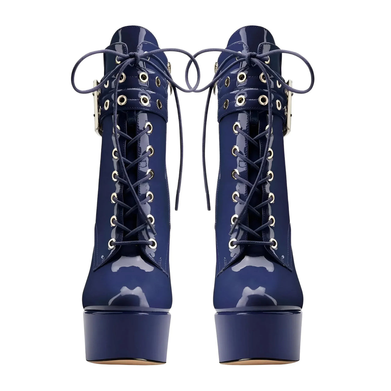 Pair of navy blue platform boots with lace-up design on a white background