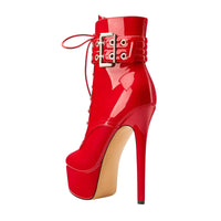 Thumbnail for Red high-heeled platform boot with a belt and buckle on a white background