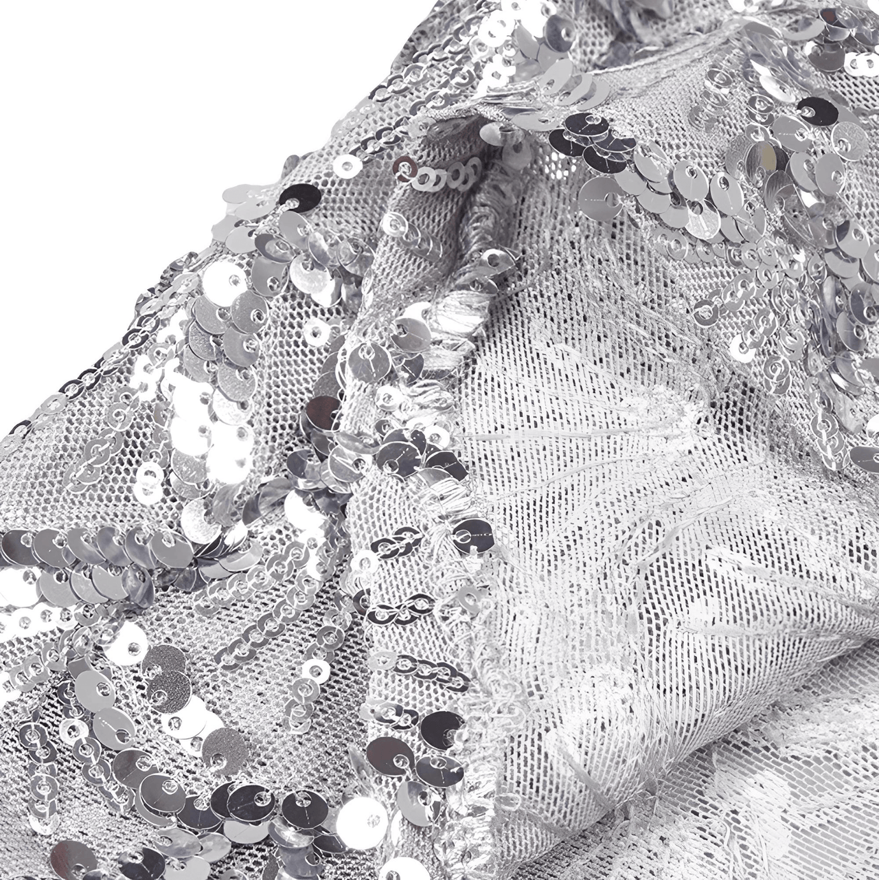 Close-up of silver sequined fabric on a white background