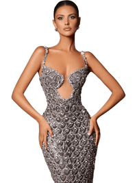 Thumbnail for Model wearing a silver evening gown with cut-out details.