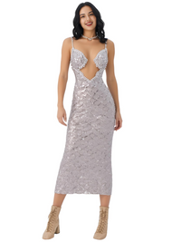 Thumbnail for Woman wearing a silver sequin dress on a white background