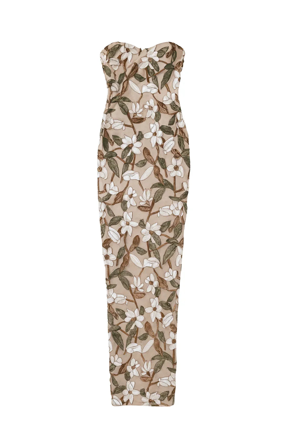 Floral strapless sequin dress on a white background