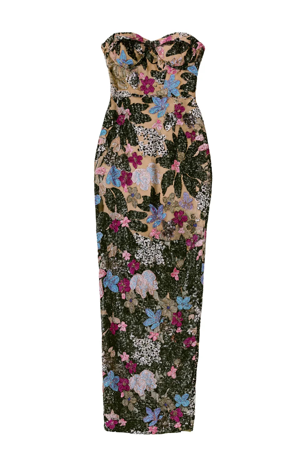 Floral strapless dress on a white background