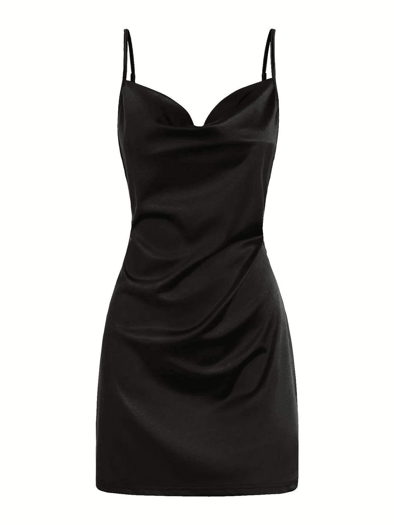 Black satin mini dress with thin straps on a white background