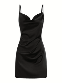Thumbnail for Black satin mini dress with thin straps on a white background