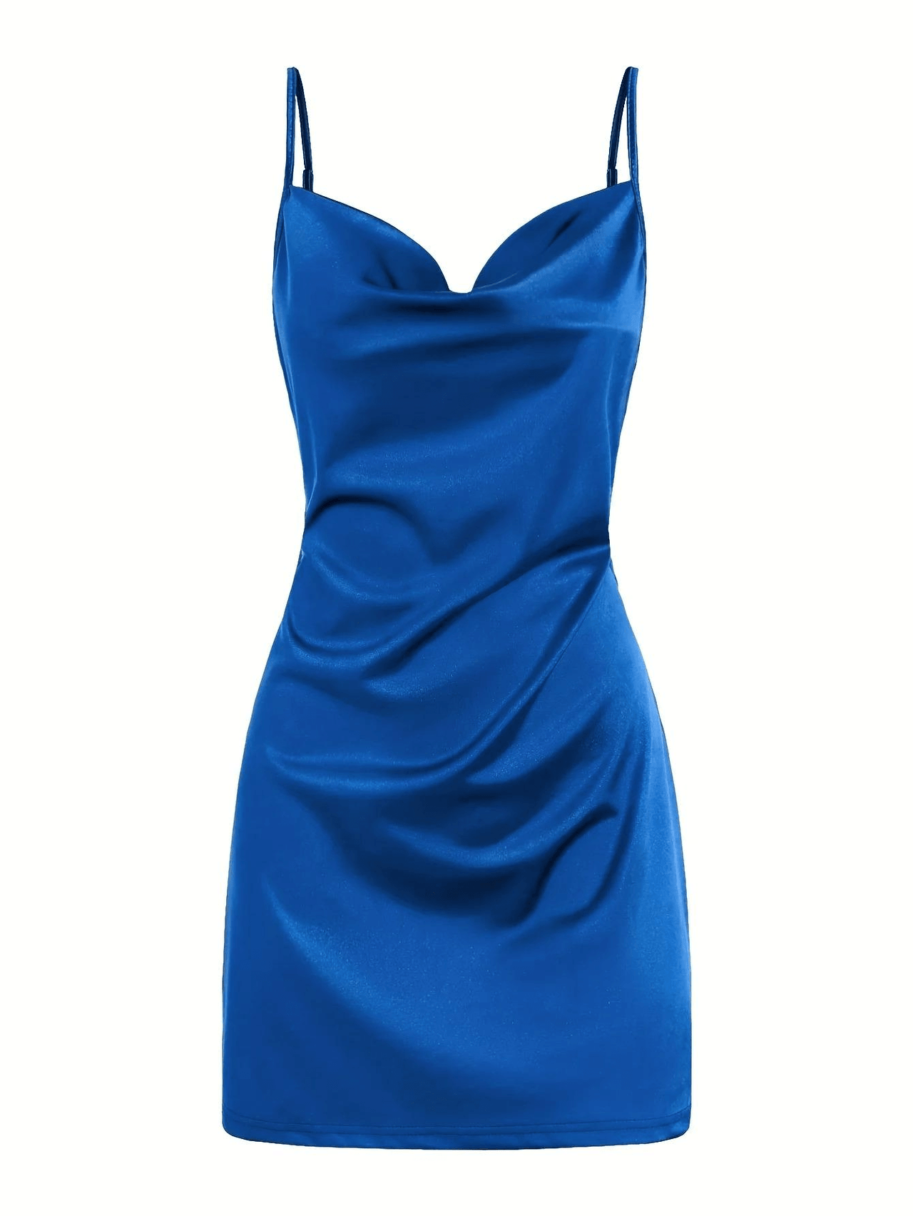 Blue satin mini dress with thin straps on a white background