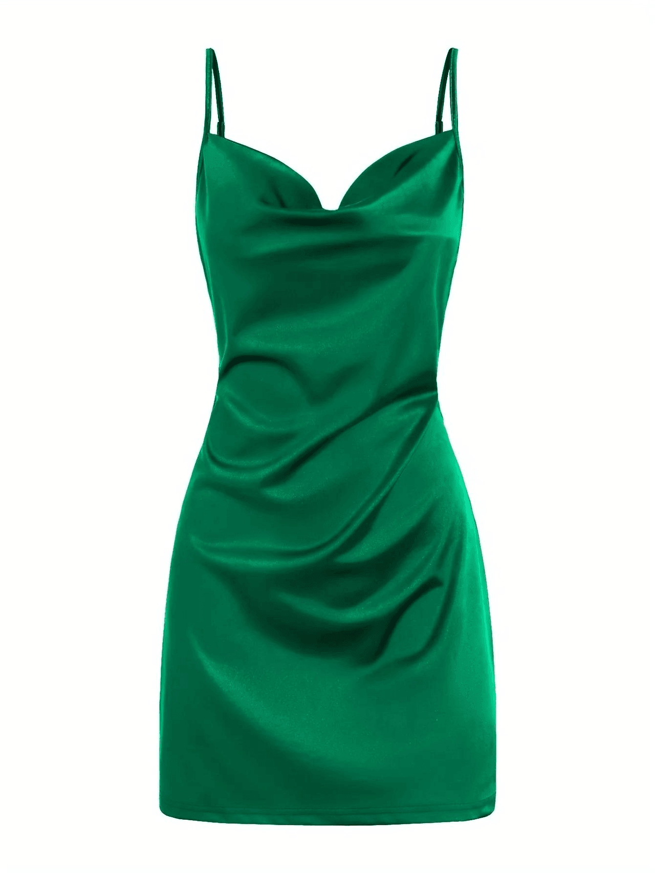 Green satin dress with thin straps on a white background