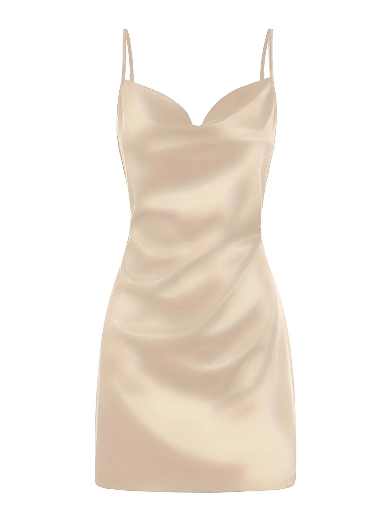 Beige satin mini dress on a white background