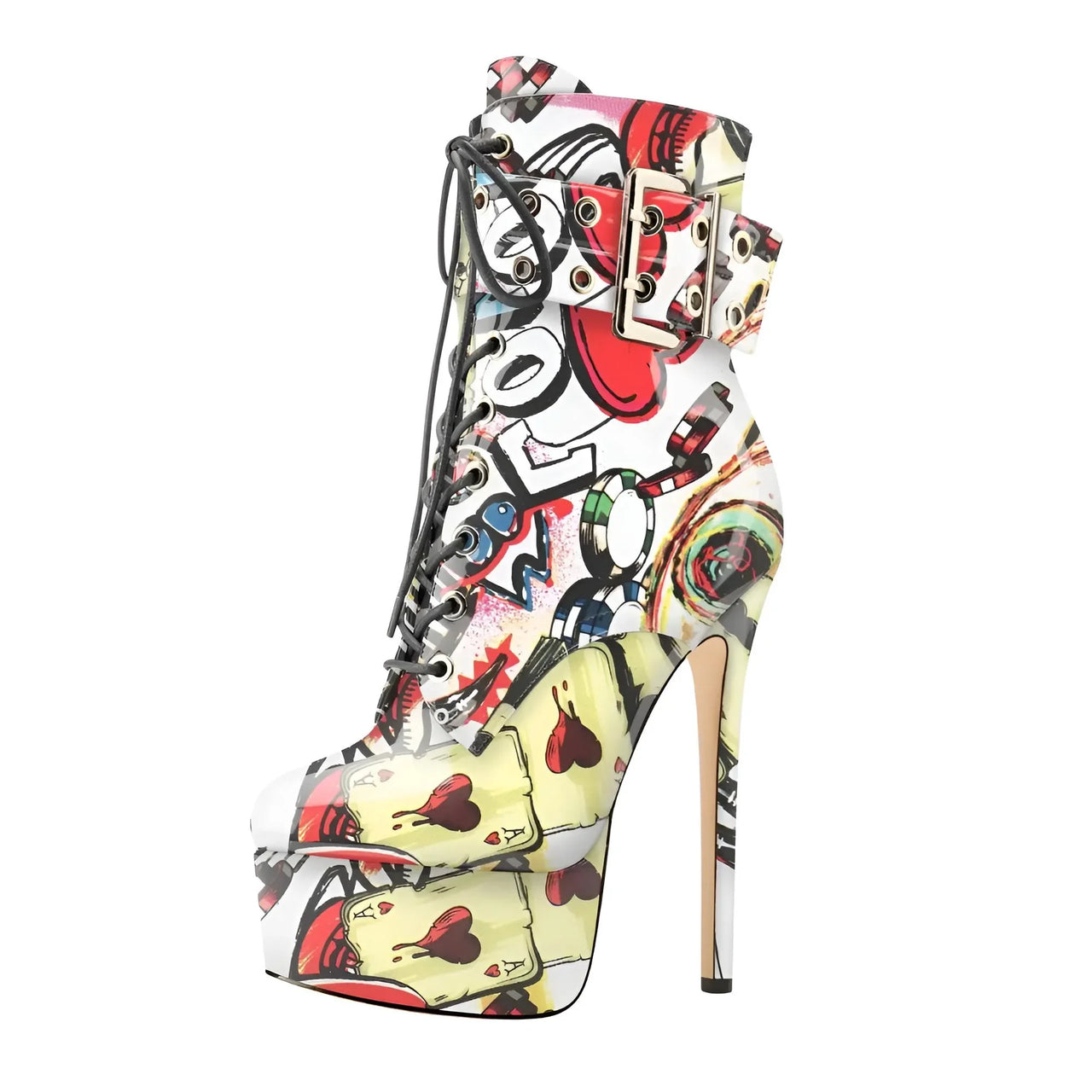 Colorful high-heeled shoes with abstract design on a white background