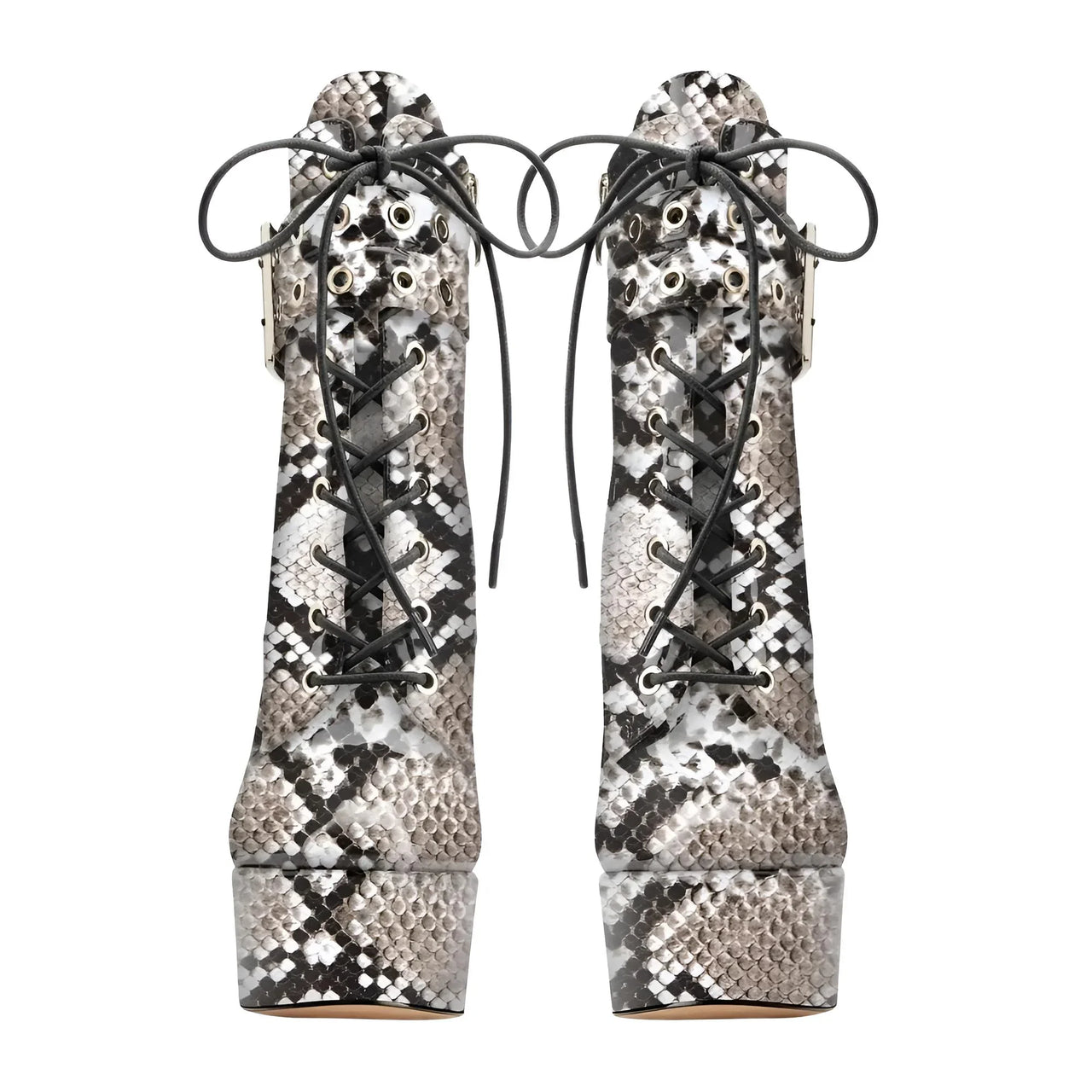 Pair of snake print high-heeled boots with black laces on a white background