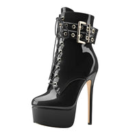Thumbnail for Black high-heeled platform boot with buckles on a white background