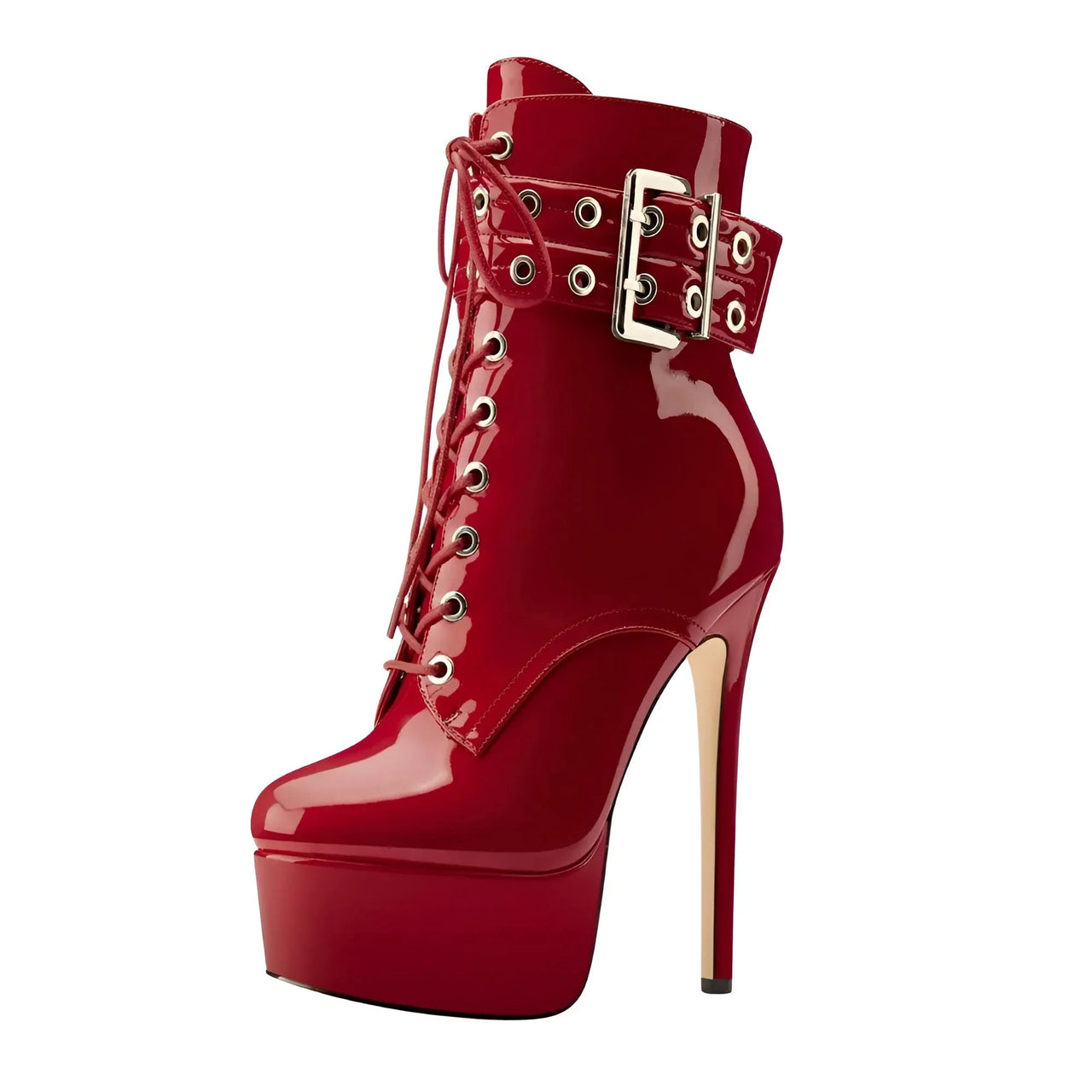 Red high-heeled platform boot with a belt and buckle on a white background