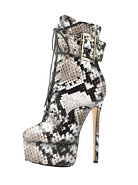 Thumbnail for Sexy Stiletto Heel Ankle Boots Platform Front Lace-Up Stiletto Ankle Boots with Buckle Strap Stylish Stage Catwalk Shoes for Women, Drestiny, Ankle Boots, High Heels, Boots, Stilettos, 6.5, 7, 7.5, 8, 9, 9.5, 10, 10.5, 11, 11.5, 12, 13, United States, USA, Canada, Australia, New Zealand, United Kingdom, UK, Leopard Print, Blue, Red, Black, Wine Red, Beige, Hearts, Snake Print, High heel ankle boots, Lace up stiletto boots, Heeled boots, shopdrestiny.com