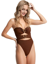Thumbnail for Sexy Women's Cut-Out Bandeau Swimsuit One Piece Swimsuit Metal Rings Female High Leg Cut Bathing Suit, Drestiny, One Piece Swimsuit, S, M, L, United States, USA, Canada, Australia, New Zealand, United Kingdom, UK, Brown, White, Black, Wine Red, Teal, Hot Pink, Women's cutout swimwear, Trendy bandeau bathing suit, Stylish cutout one piece, shopdrestiny.com