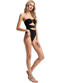 Thumbnail for Sexy Women's Cut-Out Bandeau Swimsuit One Piece Swimsuit Metal Rings Female High Leg Cut Bathing Suit, Drestiny, One Piece Swimsuit, S, M, L, United States, USA, Canada, Australia, New Zealand, United Kingdom, UK, Brown, White, Black, Wine Red, Teal, Hot Pink, Women's cutout swimwear, Trendy bandeau bathing suit, Stylish cutout one piece, shopdrestiny.com