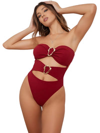 Thumbnail for Sexy Women's Cut-Out Bandeau Swimsuit One Piece Swimsuit Metal Rings Female High Leg Cut Bathing Suit, Drestiny, One Piece Swimsuit, S, M, L, United States, USA, Canada, Australia, New Zealand, United Kingdom, UK, Brown, White, Black, Wine Red, Teal, Hot Pink, Women's cutout swimwear, Trendy bandeau bathing suit, Stylish cutout one piece, shopdrestiny.com