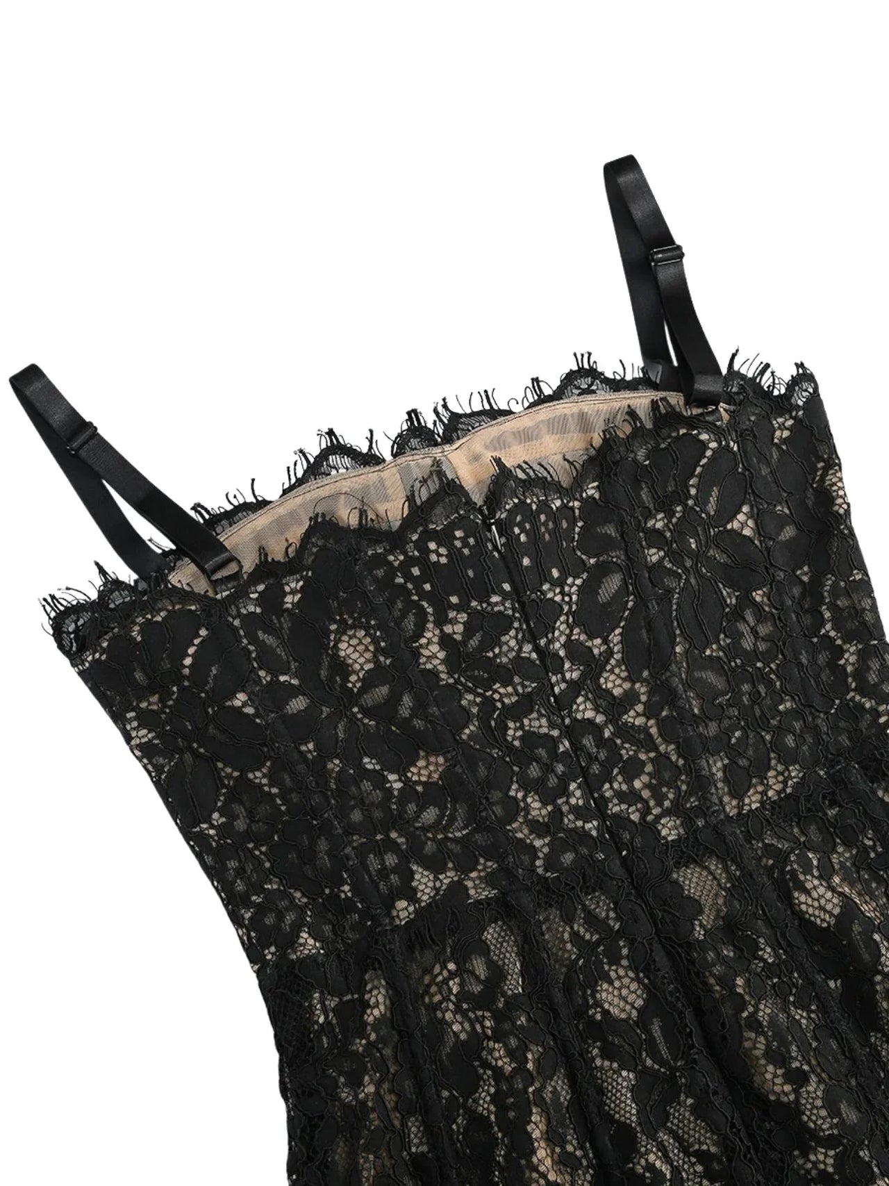 Close-up of black sheer lace dress fabric on a white background