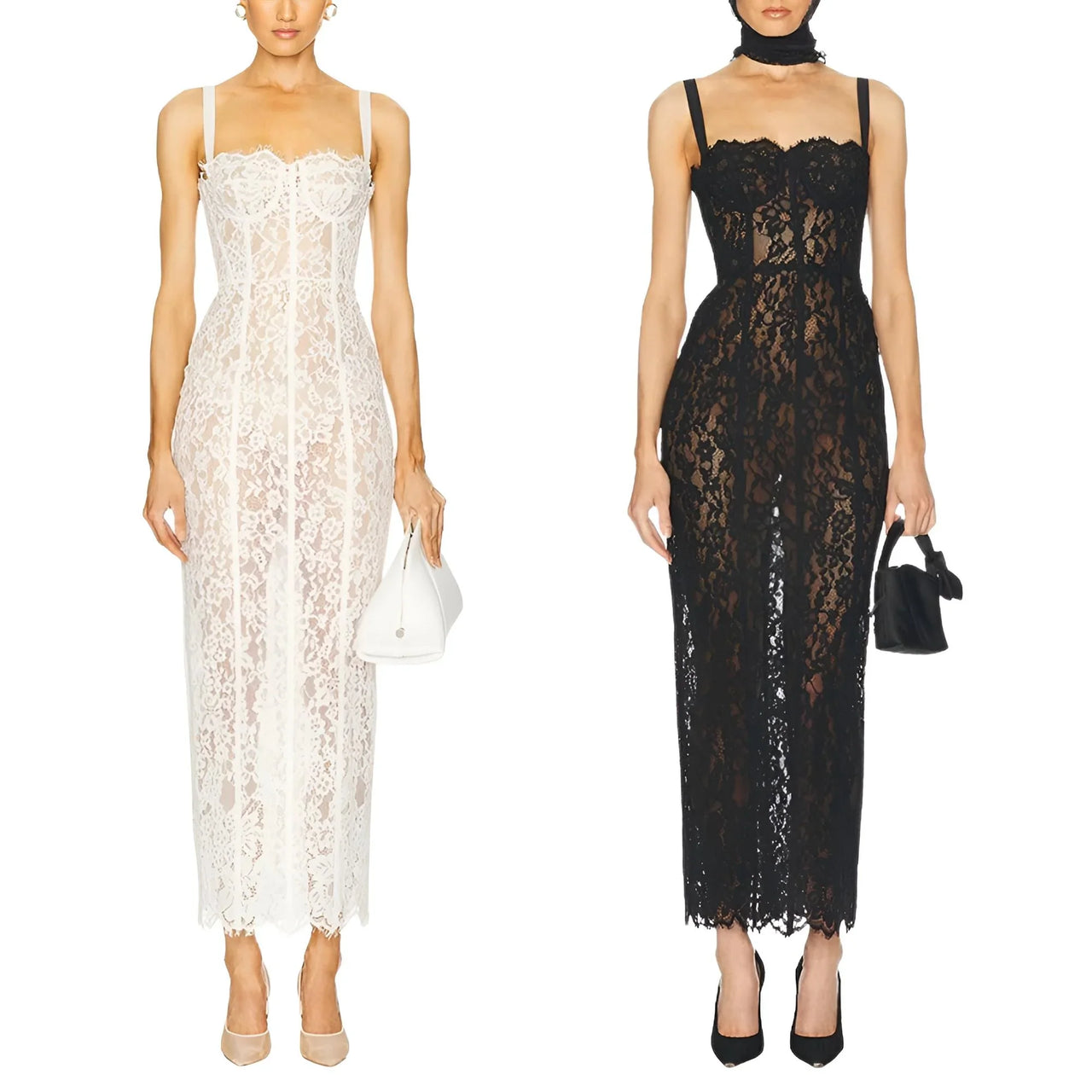 Two women wearing sheer lace bodycon dresses, one white and one black, on a white background.